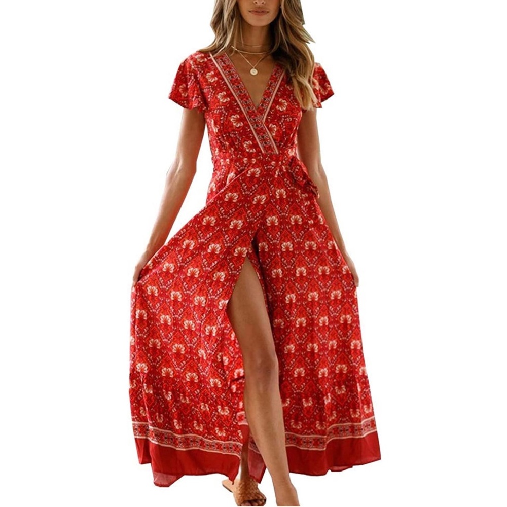 Boho Side Split Deep V Neck Maxi Dress